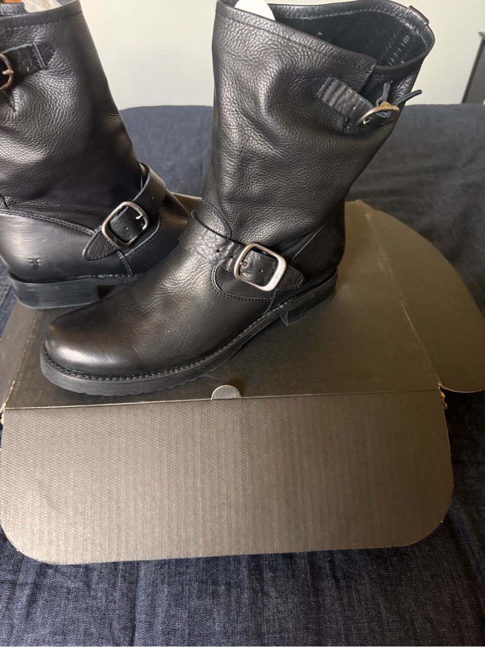 Frye Black Leather Mid-Calf Engineer Boots with Buckle
